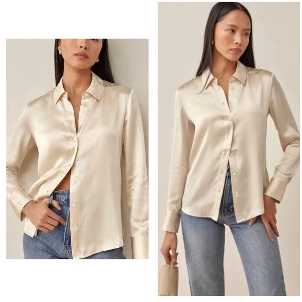 Reformation Sky Silk Buttondown Top Medium Ivory Long Sleeve Classic Preppy